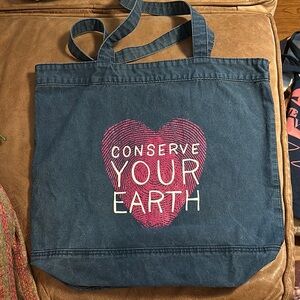 “Conserve Your Earth” Blue Tote Bag with Pink Heart Design